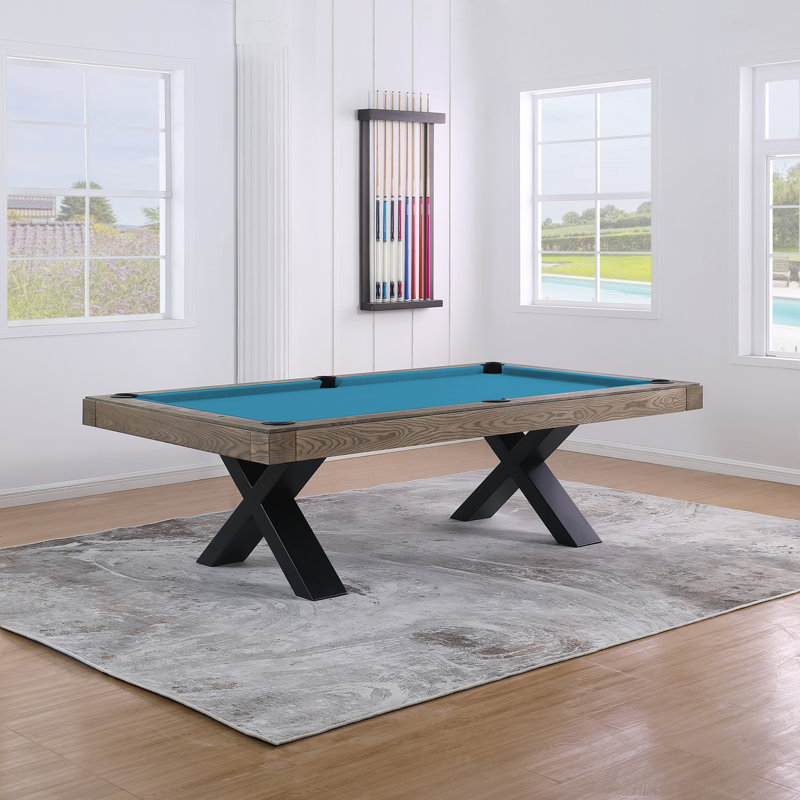 Table de billard en ardoise 8 pi Texas II avec pieds en acier, Bleu tournoi, Distressing Vintage Ash