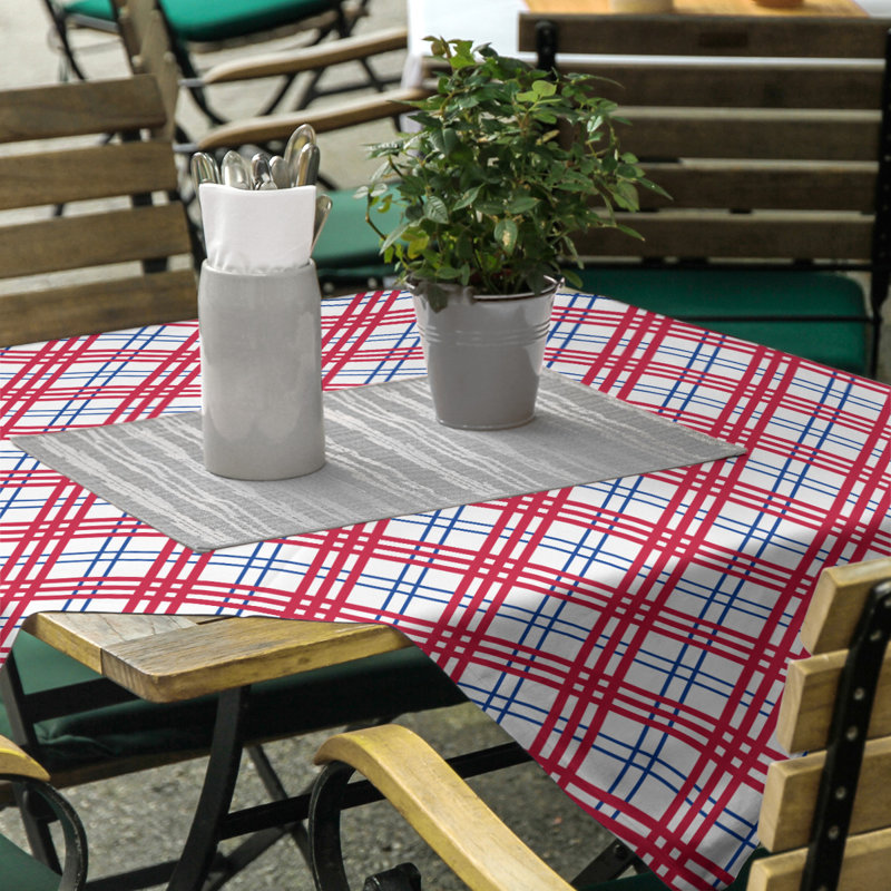Football Luxury Plaid Cotton Blend Square Tablecloth, White/Blue/Red