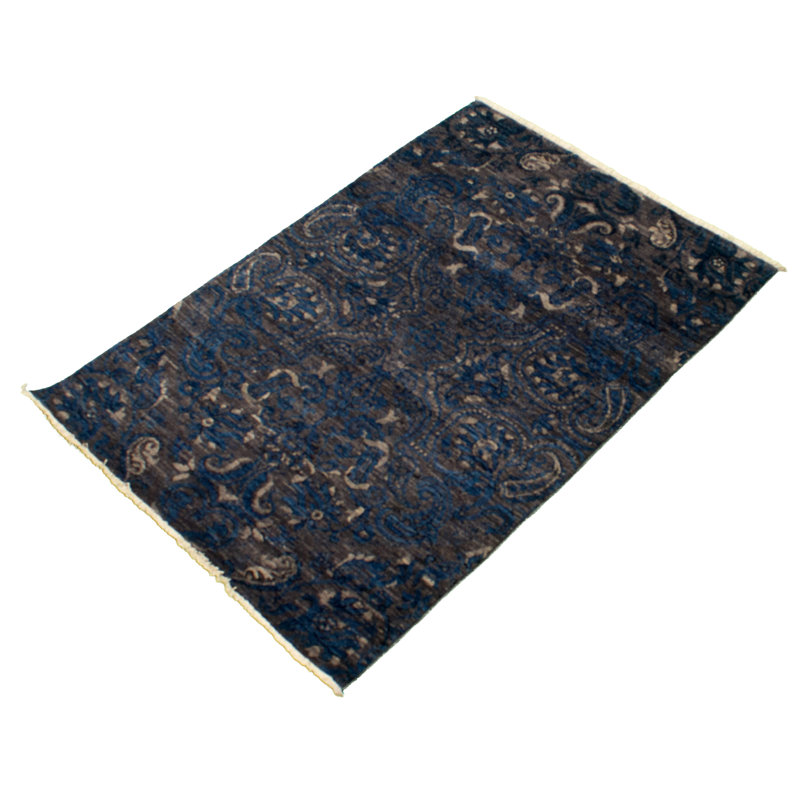 Tapis unique en laine noué à la main gris foncé / bleu nouvel âge Lahore Fin 4 pi 2 po x 6 pi 1 po Carthell