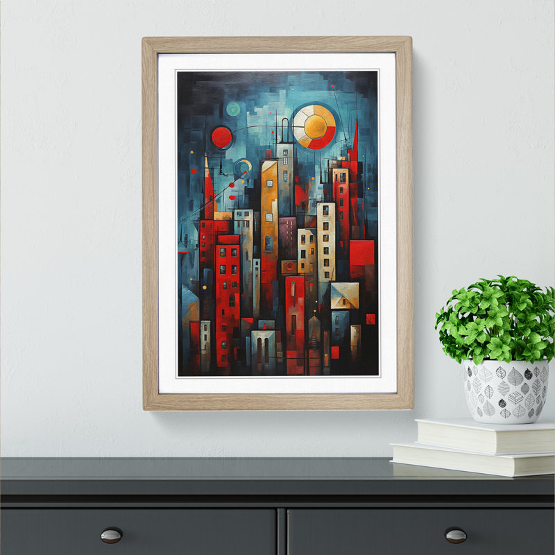 New York Cubism - Single Picture Frame Print on Wood, 64cm H x 46cm W x 2cm D, Oak