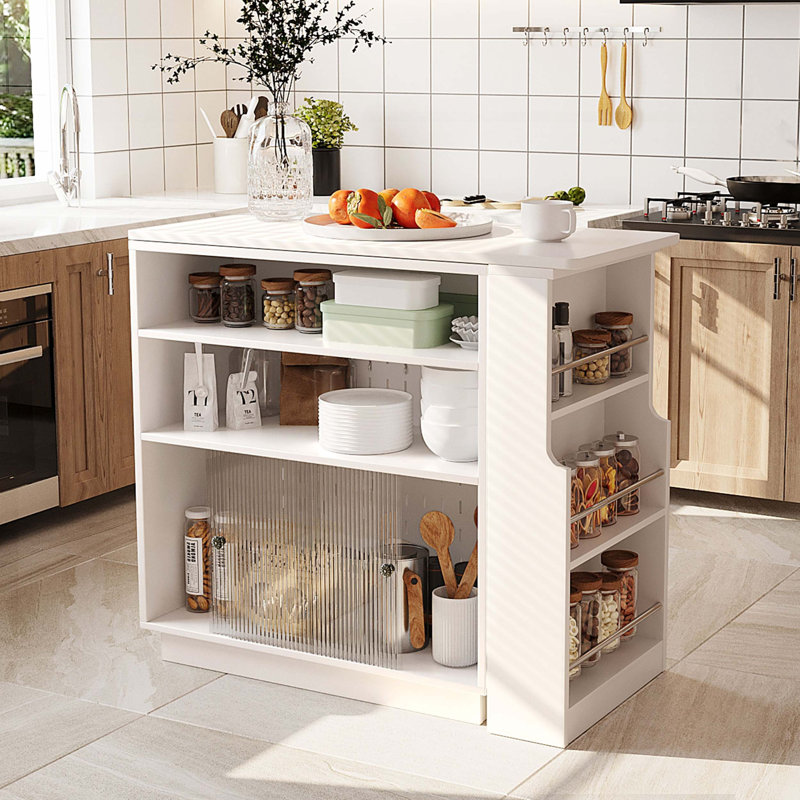 Table à hauteur de comptoir avec plateau rotatif extensible, portes coulissantes en acrylique, panneau perforé, tablettes ouvertes et poignées en aluminium pour la salle à manger, l'îlot de cuisine ou le bar à la maison.