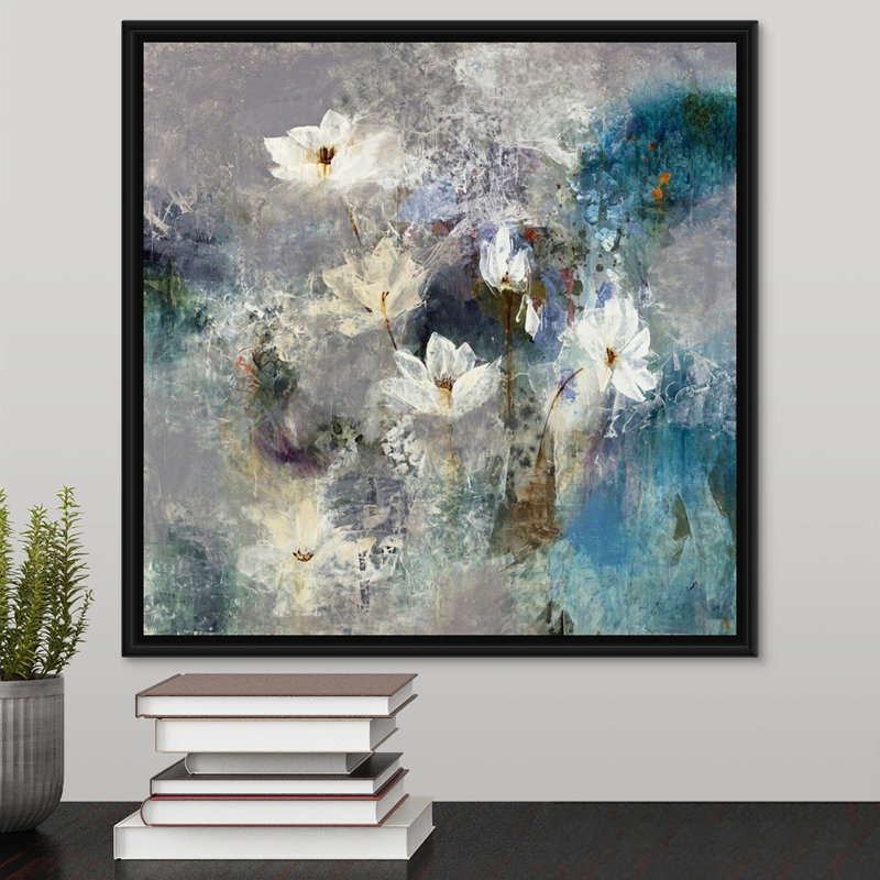 « gathering lilies », peinture sur toile, H 21,7 po x l 21,7 po x p 1,75 po, Cadre flottant noir