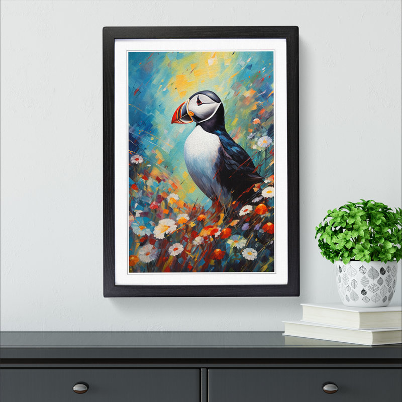 XYZ-FRM-V1223-5314 Puffin Expressionism - Single Picture Frame Print on Wood, Black, 34cm H x 25cm W x 2cm D