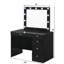 Meuble-lavabo de chambre à coucher noir 3 pièces avec comptoir en verre trempé de 8 mm, lumières DEL sur le miroir et 5 poignées brillantes et glamour dans un décor lumineux, tabouret pivotant confortable