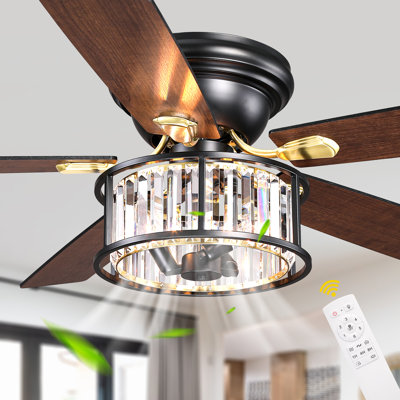 Ventilateur de plafond 52 po encastré en cristal noir avec lumière et télécommande, ventilateurs de plafond à profil bas avec moteur à courant continu à 6 vitesses pour le salon, la chambre à coucher