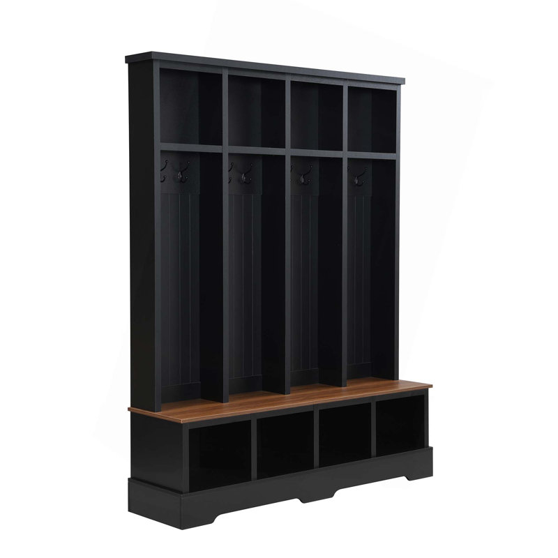 Farmhouse Hall Tree With 8 Hooks,Practical Entryway Bench With Open Compartments For Mudroom, Living Room, Black