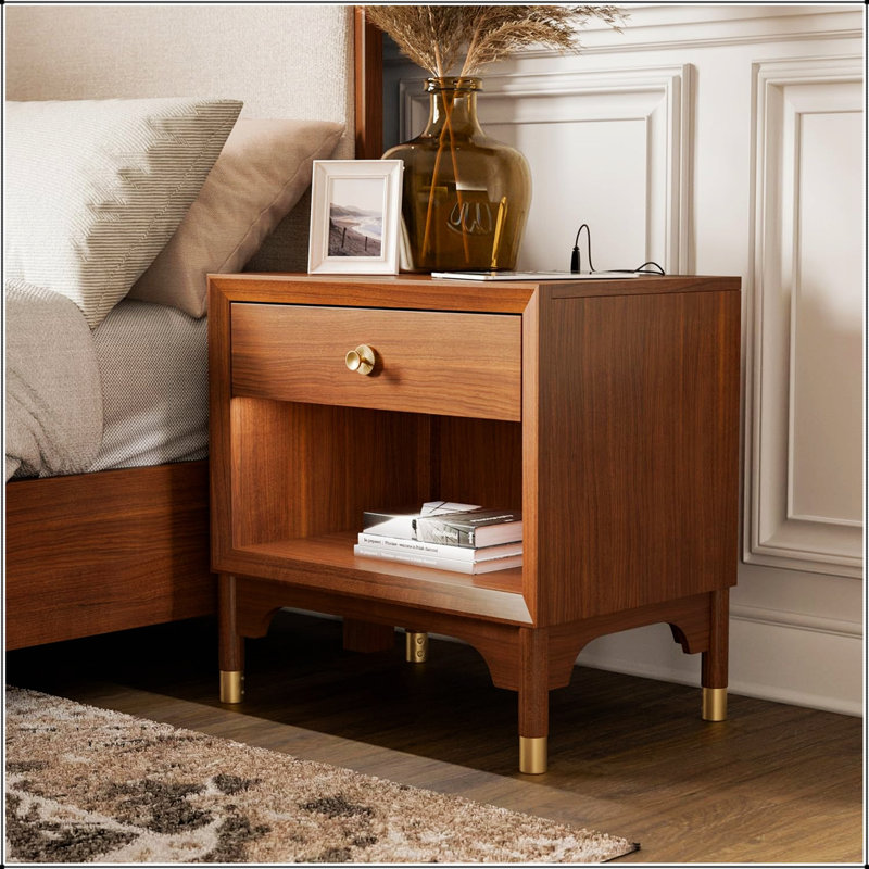 Table de chevet de style moderne Mid-Century avec tiroir à queue d'aronde anglaise, port USB et pieds dorés pour un rangement élégant