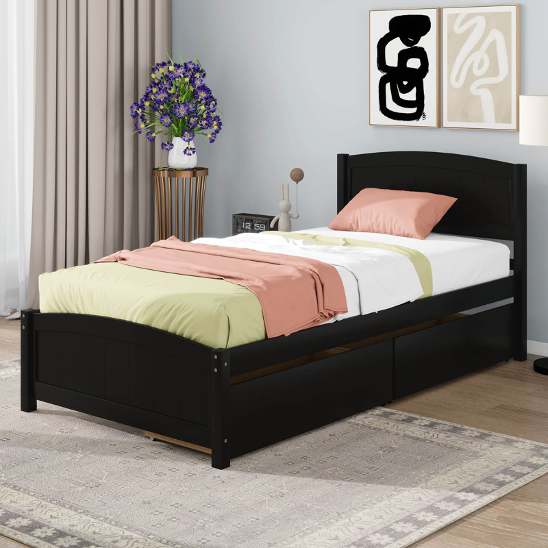 Twin Size Platform Bed With 2 Storage Drawers, Platform Bed With Headboard & Wooden Slats Support, Espresso