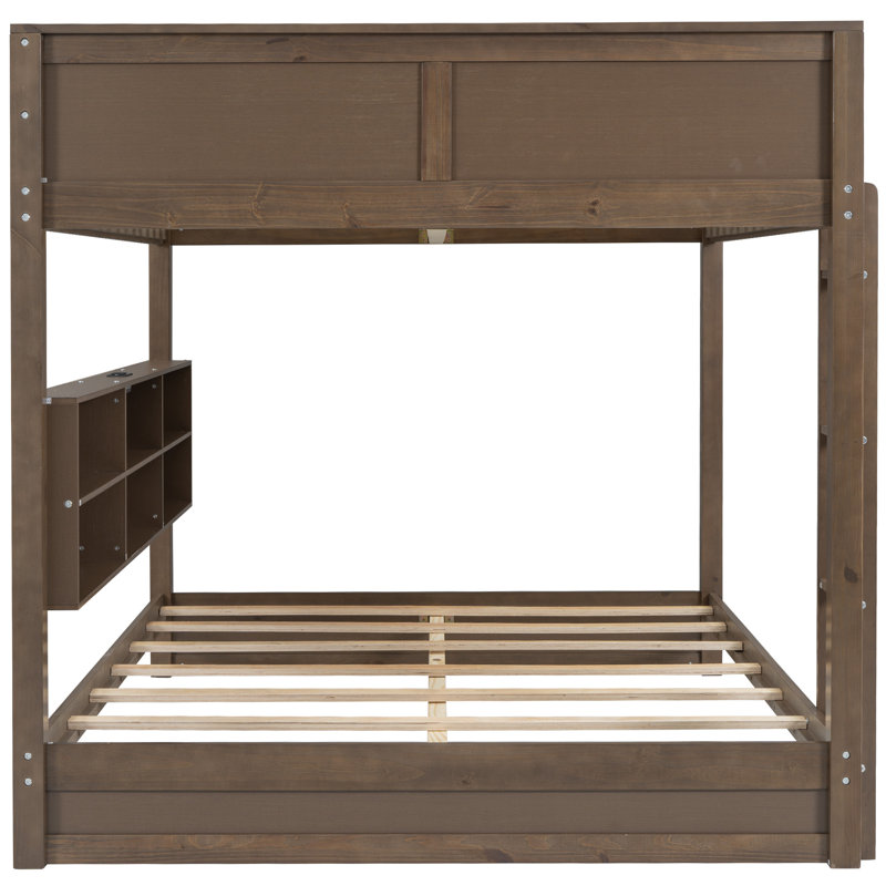 Lit superposé grand sur grand avec armoires de rangement et ports USB, couleur bois antique