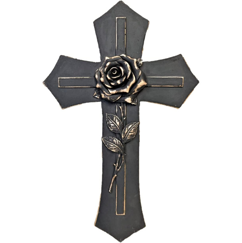 Élégante croix en bois noire avec motif de roses dorées