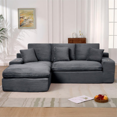 98.4" Wide Corduroy L‑Shape Cloud Sofa with Cup Holders and Side Pockets, No Assembly Required