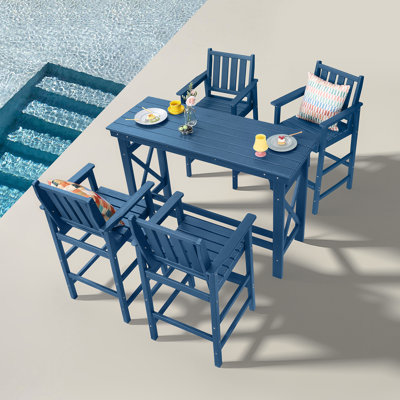 5-Piece HDPE Patio Bar Set, Rectangular Bar Height Table And 4 Adirondack Bar Chairs, All-Season Outdoor Bar Stools Set, Outdoor Bar Table And Chairs Set For Outside, Balcony, Deck