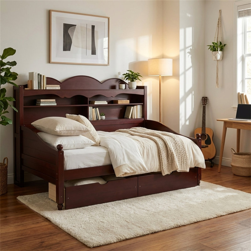 Twin-Size Daybed Frame, Platform Bed With Storage, Espresso Wooden Daybed, No Spring Box Required, Vintage Style, Walnut