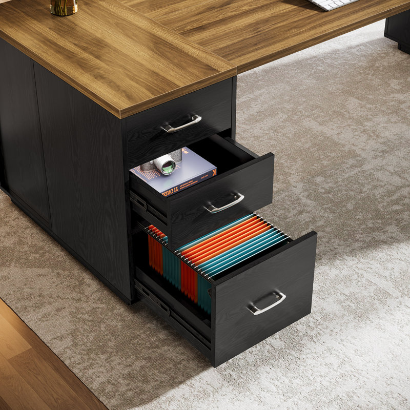 Bureau de direction en L 85,8 po avec classeur et rangement multiple, Brun