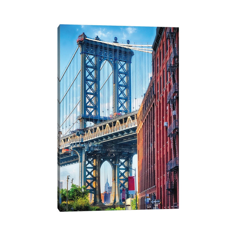 Street View Of The Manhattan Bridge Brooklyn Tower, New York City by George Oze - Wrapped Canvas Print