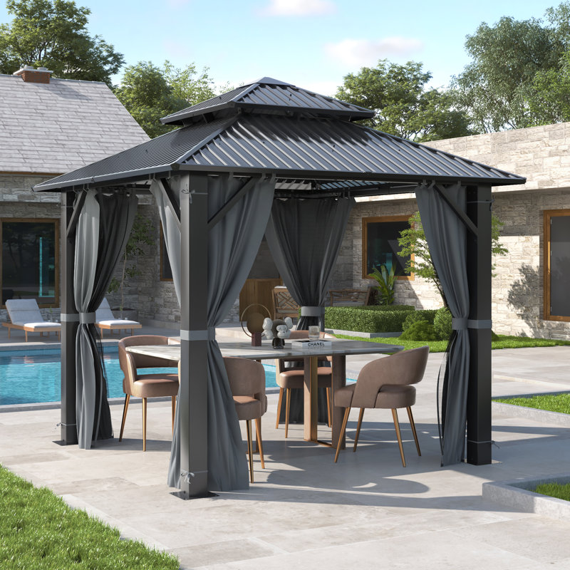 8.5FT ×8.5FT Outdoor Aluminum Patio Gazebo, Galvanized Steel Hardtop Gazebo with Privacy Curtain and Mosquito Netting