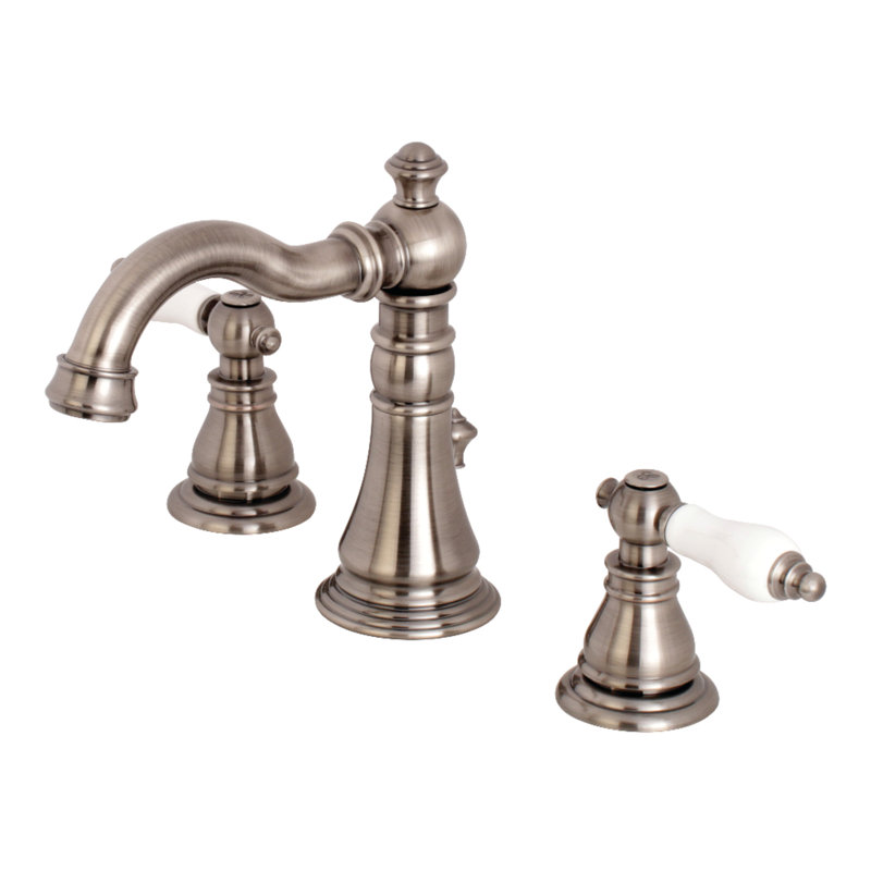 Kingston Brass American Patriot Two-Handle 3-Hole Deck Mount Widespread Bathroom Faucet with Brass Pop-Up Drain