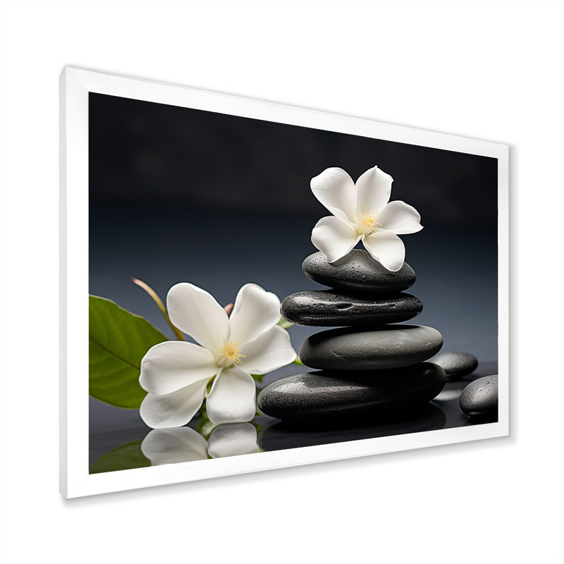 «Zen Black River Stone Blooming Magnolias», reproduction sur toile Lily, H 12 po x l 20 po x P 1 po, Cadre simple blanc