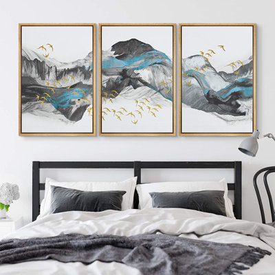 Chinoiserie " Birds Flying Around the Mountains " 3 Piece Art Watercolor Print