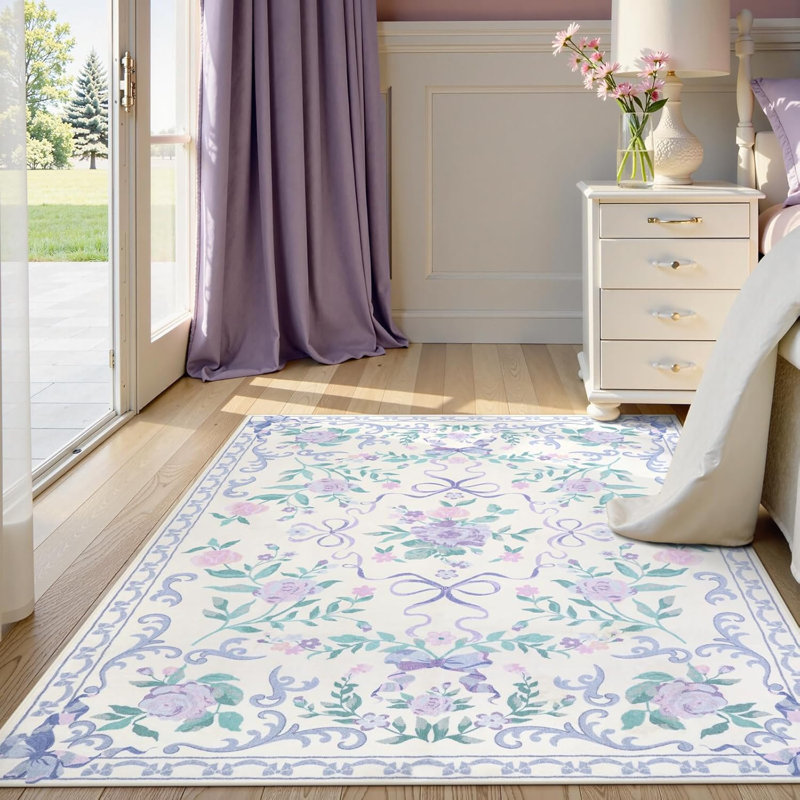 Kaldi Floral Washable Area Rug Non-Slip Stain Resistant Low-Pile Boho Large Indoor Throw Carpet, Rectangle 6' x 9'