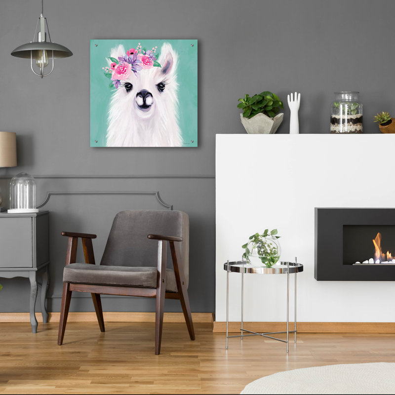 Art mural en verre épique «Floral Llama» par Elizabeth Tyndall, 24 po x 24 po, H 24 po x l 24 po