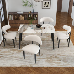 5-Piece Modern Rectangular Sintered Stone Dining Table Set With 4 Solid Wood Chairs