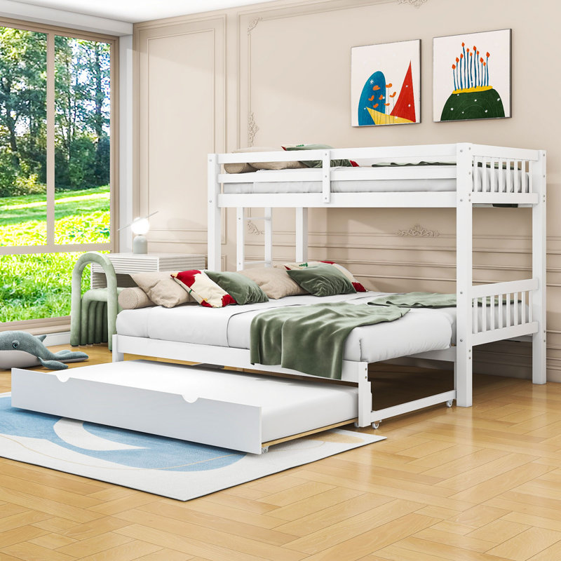 Lit superposé convertible en bois simple au-dessus de simple / très grand avec gigogne simple Dorriel, Blanc
