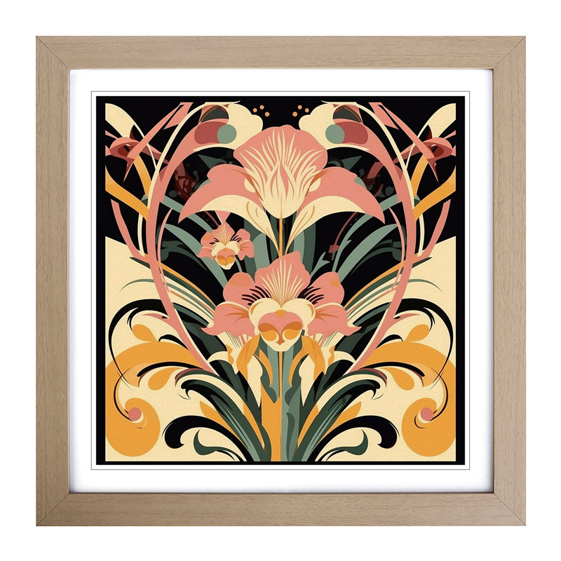 Floral Art Deco Framed Print, Oak