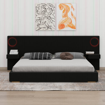 Lit plateforme avec éclairage DEL et ports USB, cadre de lit moderne en velours côtelé avec tête de lit extra large et tiroirs de chevet.