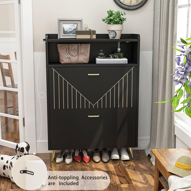 30 Pairs Shoe Storage Cabinet with Flip Doors and Motion Sensor Night Light, Black