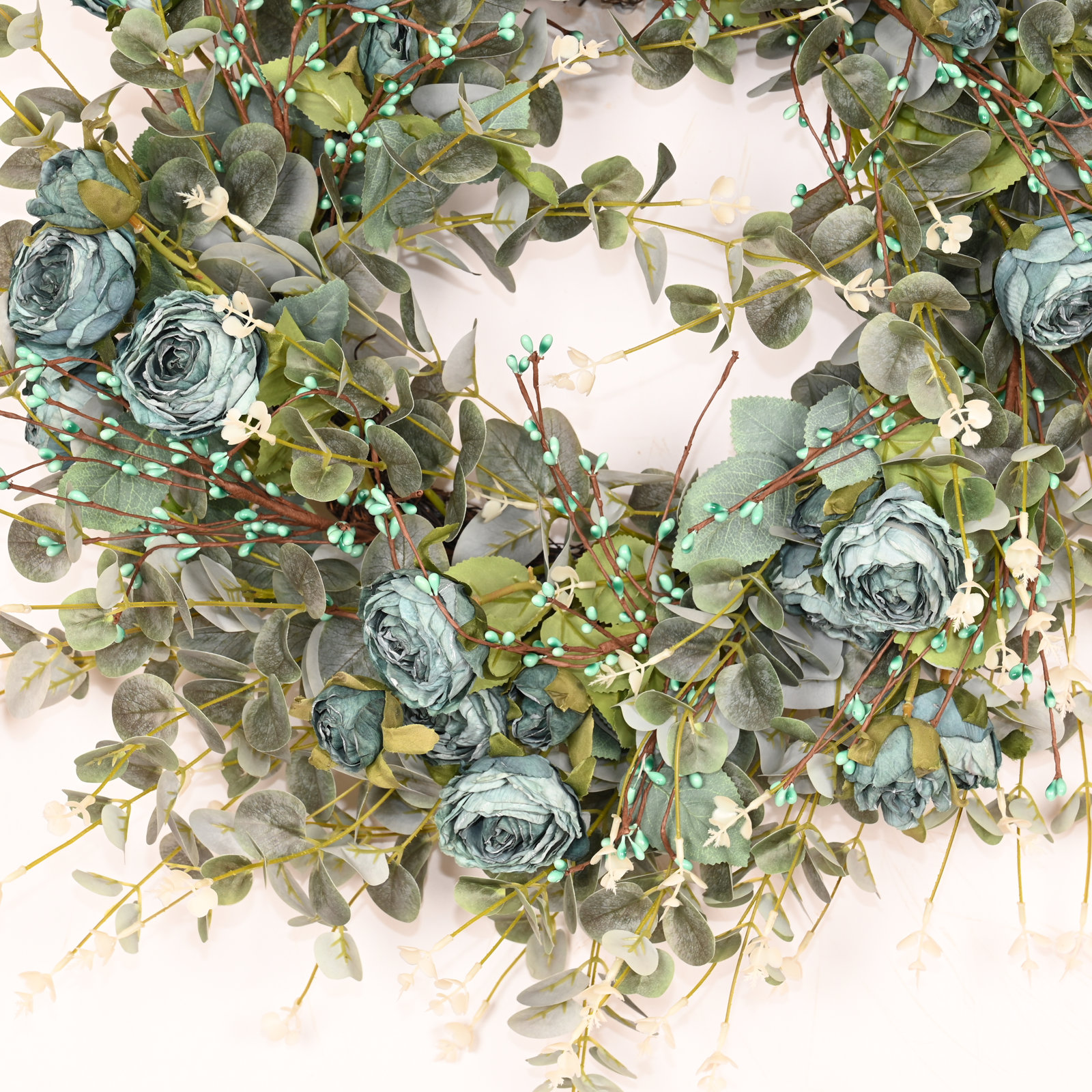 26" Handcrafted Eucalyptus Rose Everyday Wreath, Blue