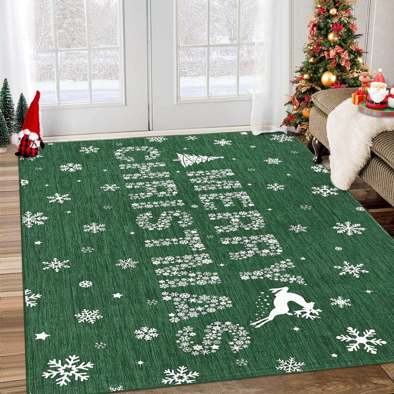 Christmas 5'x7' Area Rug Green Snowflake Christmas Rugs for Living Room Washable Non Slip Floor Carpet for Dining Room Christmas Decorations