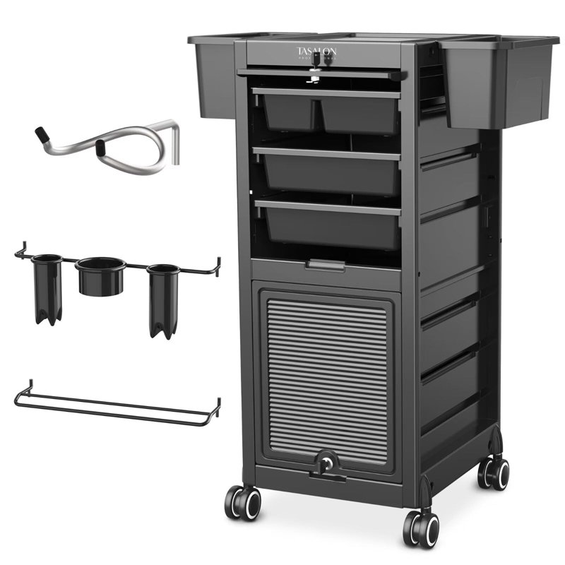 33"H x 13.2"W Salon Trolley Utility Cart With Lockable Wheels, Black