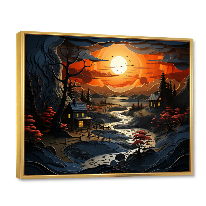 Martize " Farmhouse Evening Glow Papercut ", Gold Floater Framed, 12" H x 20" W x 1" D