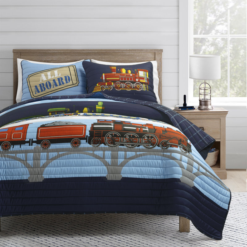 Steam Train Quilt Set, Courtepointe grand lit + 2 taies d'oreiller standa