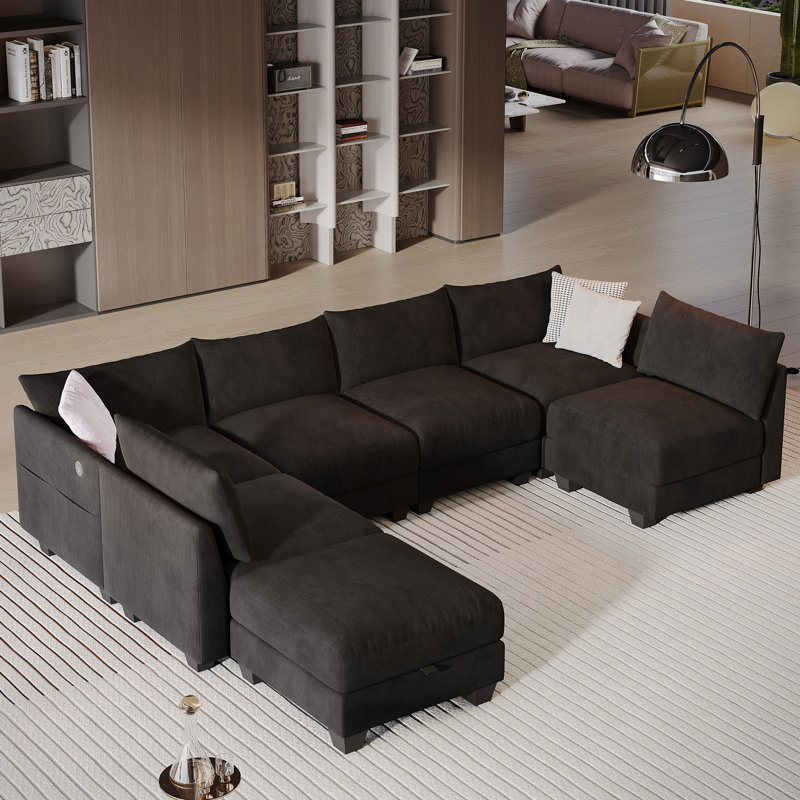 Amold 124'' 6-Seater Sectional Sofa, U-shaped Modular Sofa Cloud Couch, Comfortable Living Room Sofa With Ottoman Storage