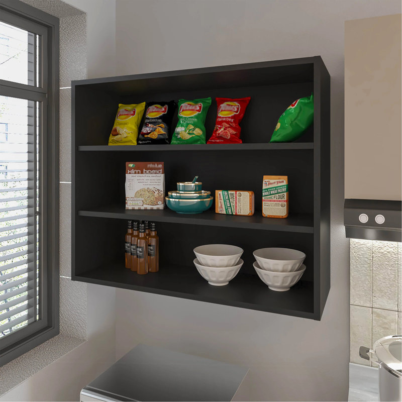 Black Wall Cabinet With Open Storage, Black