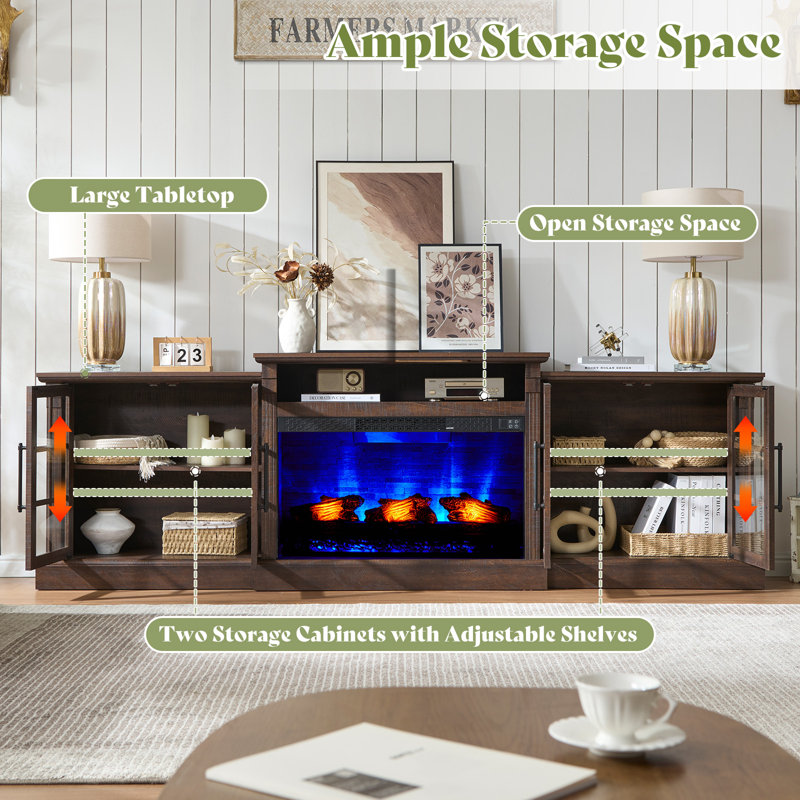 97" Large Farmhouse Tv Stand with 33" Fireplace, Rustic Brown, Rustic Brown