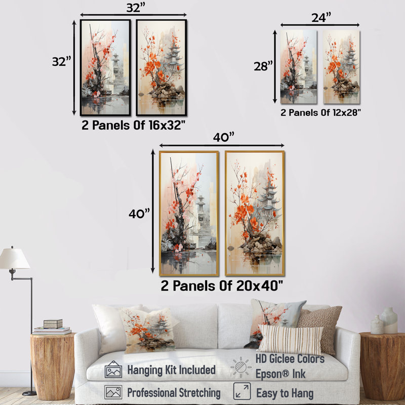 Glennville - Art asiatique, ensemble de 2 reproductions d'art sur toile, Toile tendue, H 28 po x l 25 po