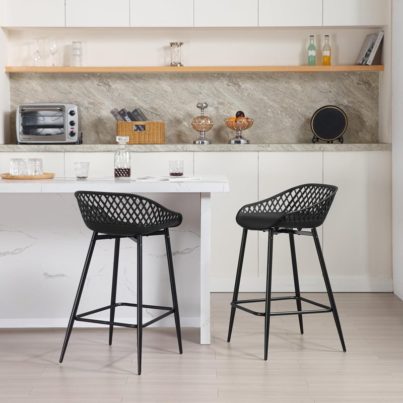 Bar stool set, bar stool with hollow backrest, kitchen chair with wide seat, bistro chair with footrest, stool with metal legs, outdoor bar terrace, made of PP plastic