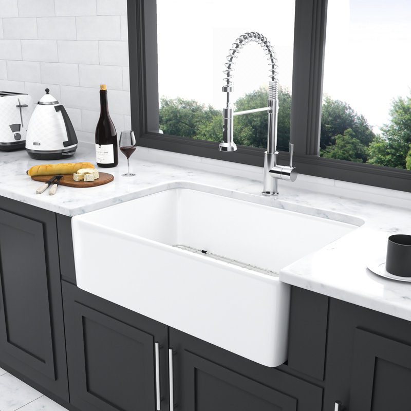 Évier en céramique blanche 30 po - Tablier frontal pour cuve simple réversible de cuisine et design élégant de qualité élégante