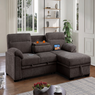 94-Inch Brown Chenille Fabric Sleeper Sectional Sofa With Right-Facing Storage Chaise – L-Shaped Pull-Out Bed, Drop-Down Console With Usb Ports & Cupholders, And Pocket Coil Seating