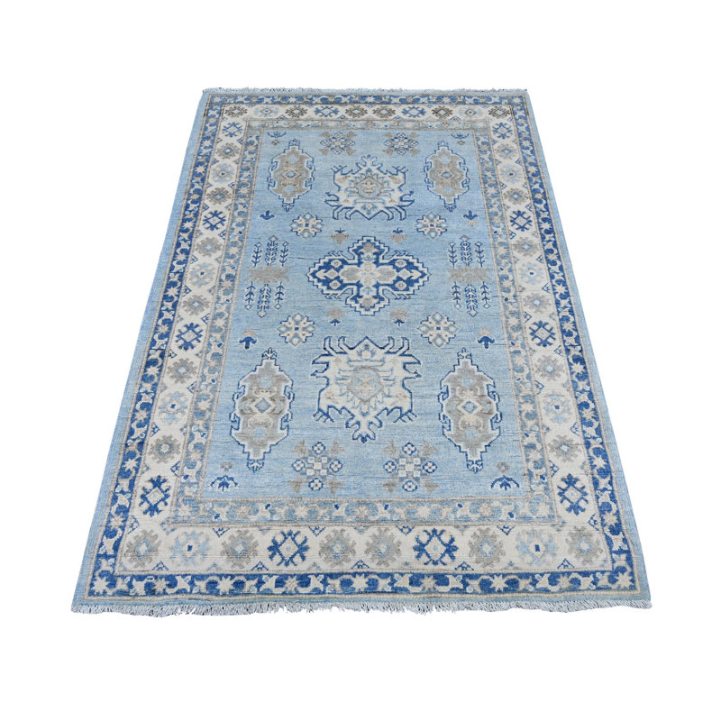 Tapis oriental 4 pi 1 po x 6 pi bleu kazak avec éléments floraux géométriques, 100% laine, noué à la main, teintures naturelles, tapis oriental