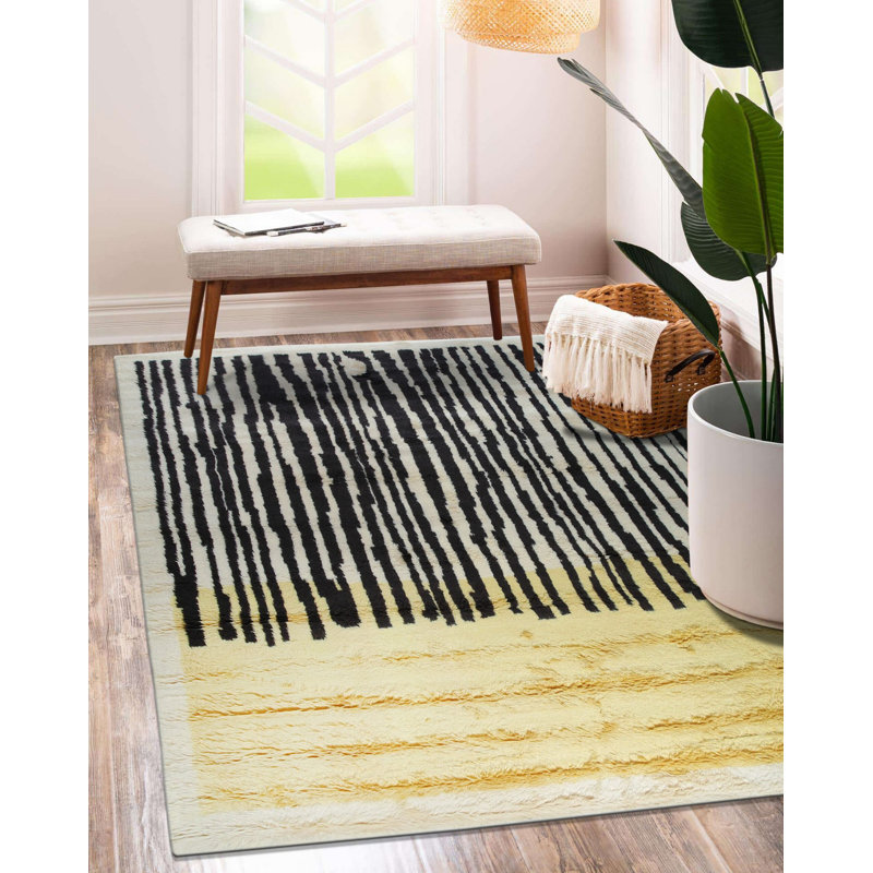Yellow Hand-Knotted Wool Abstract Forest Canopy Tribal Modern Contemporary Carpet Rug, 5' x 8'