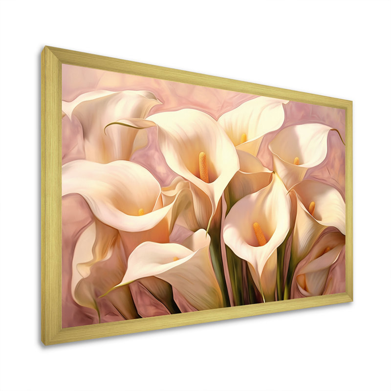 Crème de lis crème rose sur toile, H 12 po x l 20 po x P 1 po, Encadrement doré
