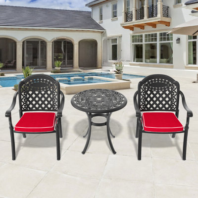 3 coussins de patio en aluminium coulé, noir, coussins de couleur aléatoire pour véranda, chaises empilables, table ronde avec trou pour parasol