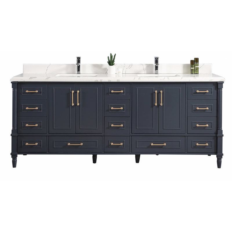 Ensemble de meuble-lavabo double 84 po Flavell, Calacatta, bordure double ogee, Bleu marine hâlé