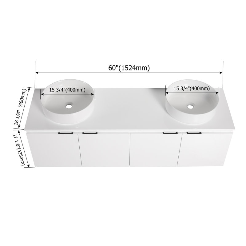 60" Bathroom Vanity with Sink, 60 Inch Floating Vanity, Double Sink Wall Mounted Vanity Combo, Modern White Bathroom Vanity Set with 4 Doors and Ceramic Basin Sink