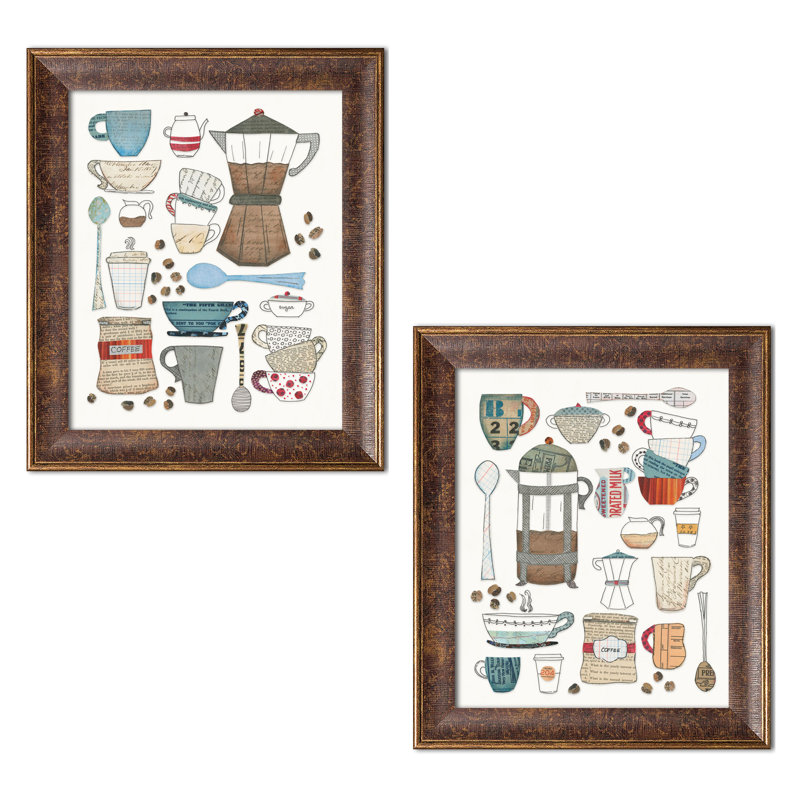 «Coffee graphique I v2 and Coffee graphique II v2», ensemble de 2 reproductions d'impressions, Encadrement blanc vieilli