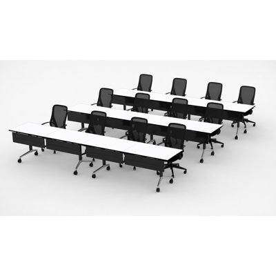 12 Person Fold-up Training Tables, Extra Long for Seminars and Conferences with White color Thick Tops, Fold-Up Legs & Integrated Power Boxes includes commercial Office Chairs.